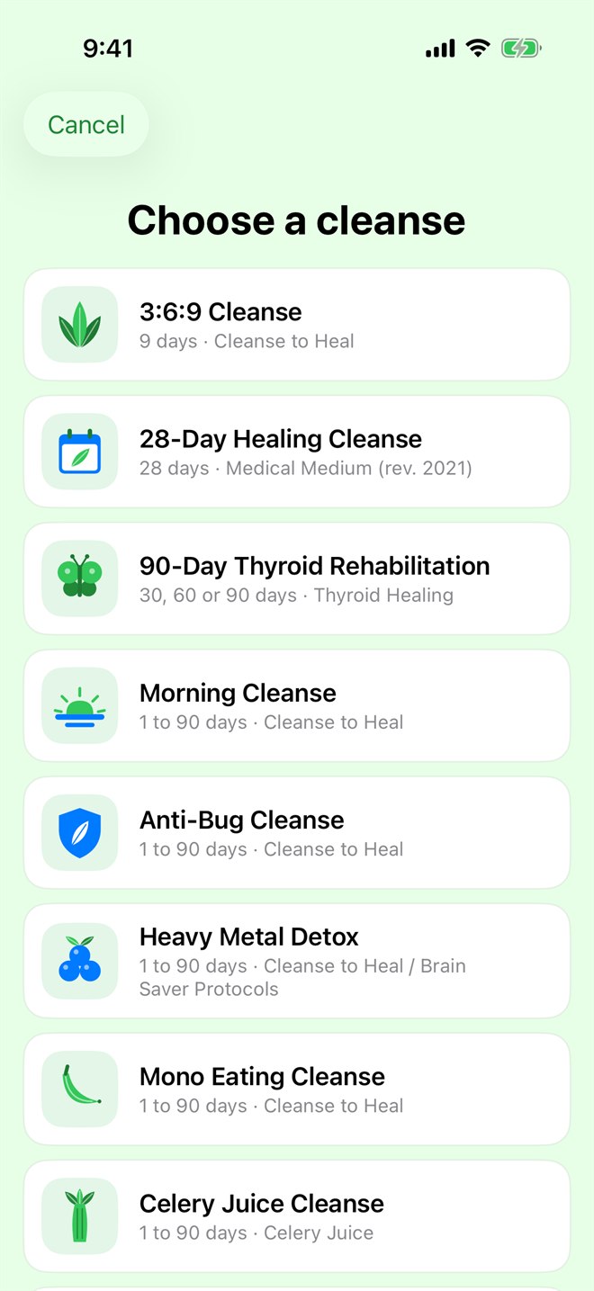 Choosing a cleanse for a new cleanse group, with an illustration beside each cleanse