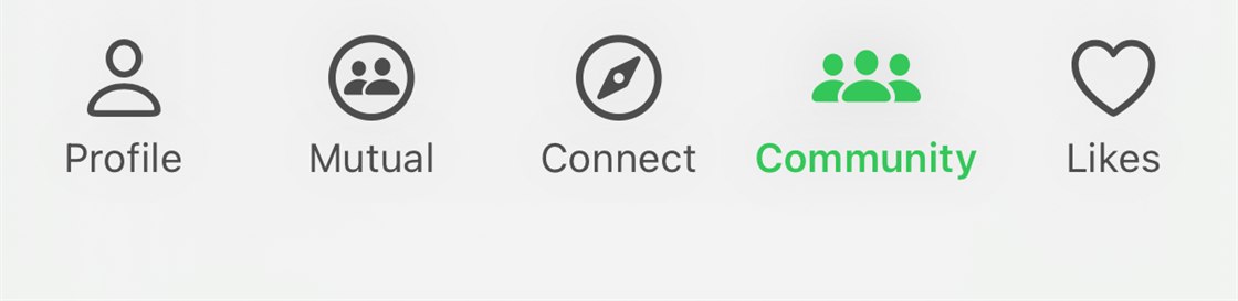 The MM Social tab bar, with the new Community tab between Connect and Likes